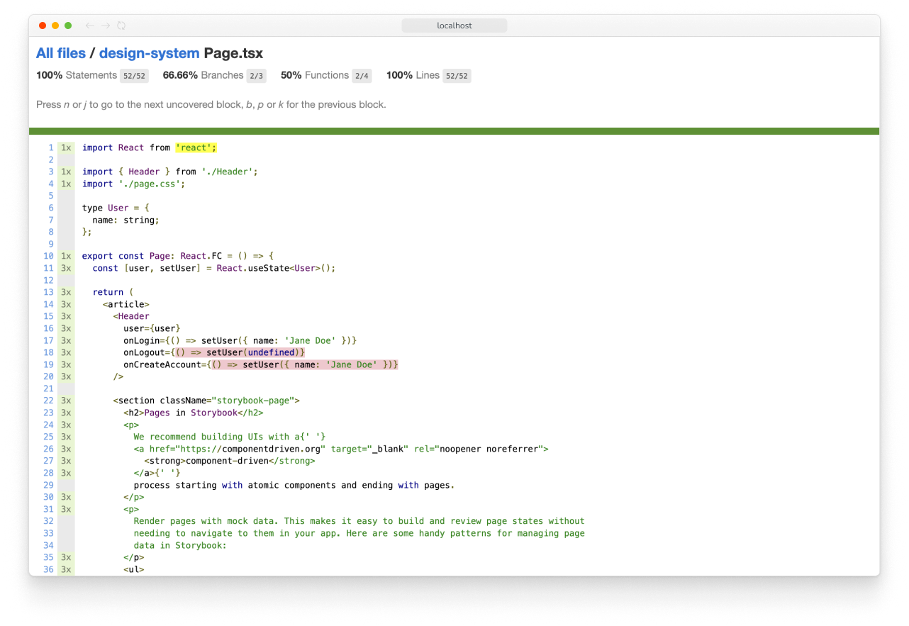 Interactive coverage report generated by the Vitest addon, showing the Page component's reported source