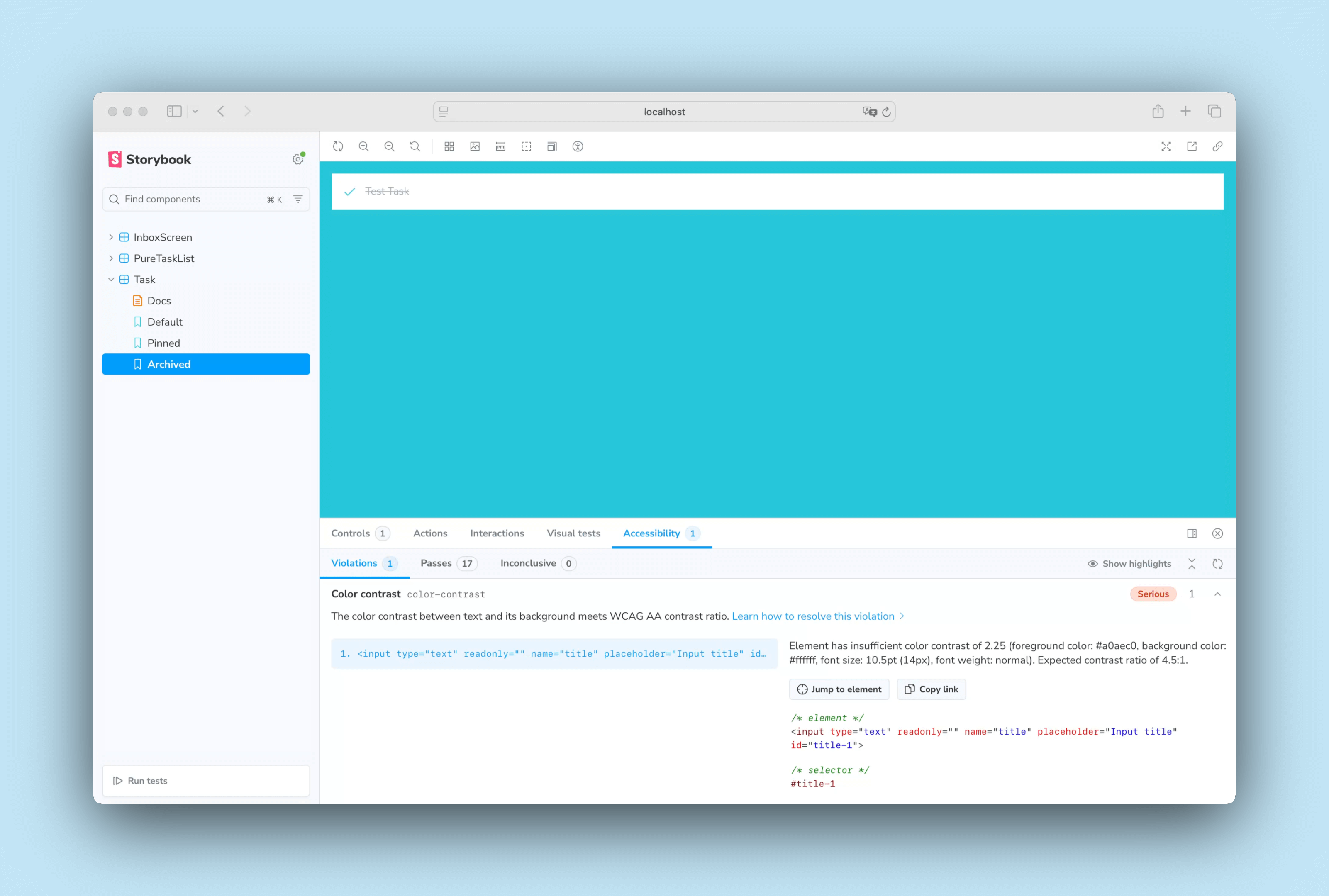 Task accessibility issue in Storybook